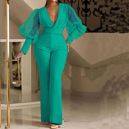 Mesh Patchwork Long Sleeved Slim Fit Wide Leg Jumpsuit