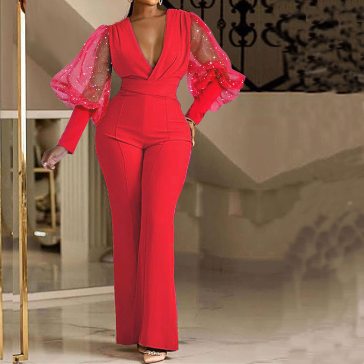 Mesh Patchwork Long Sleeved Slim Fit Wide Leg Jumpsuit