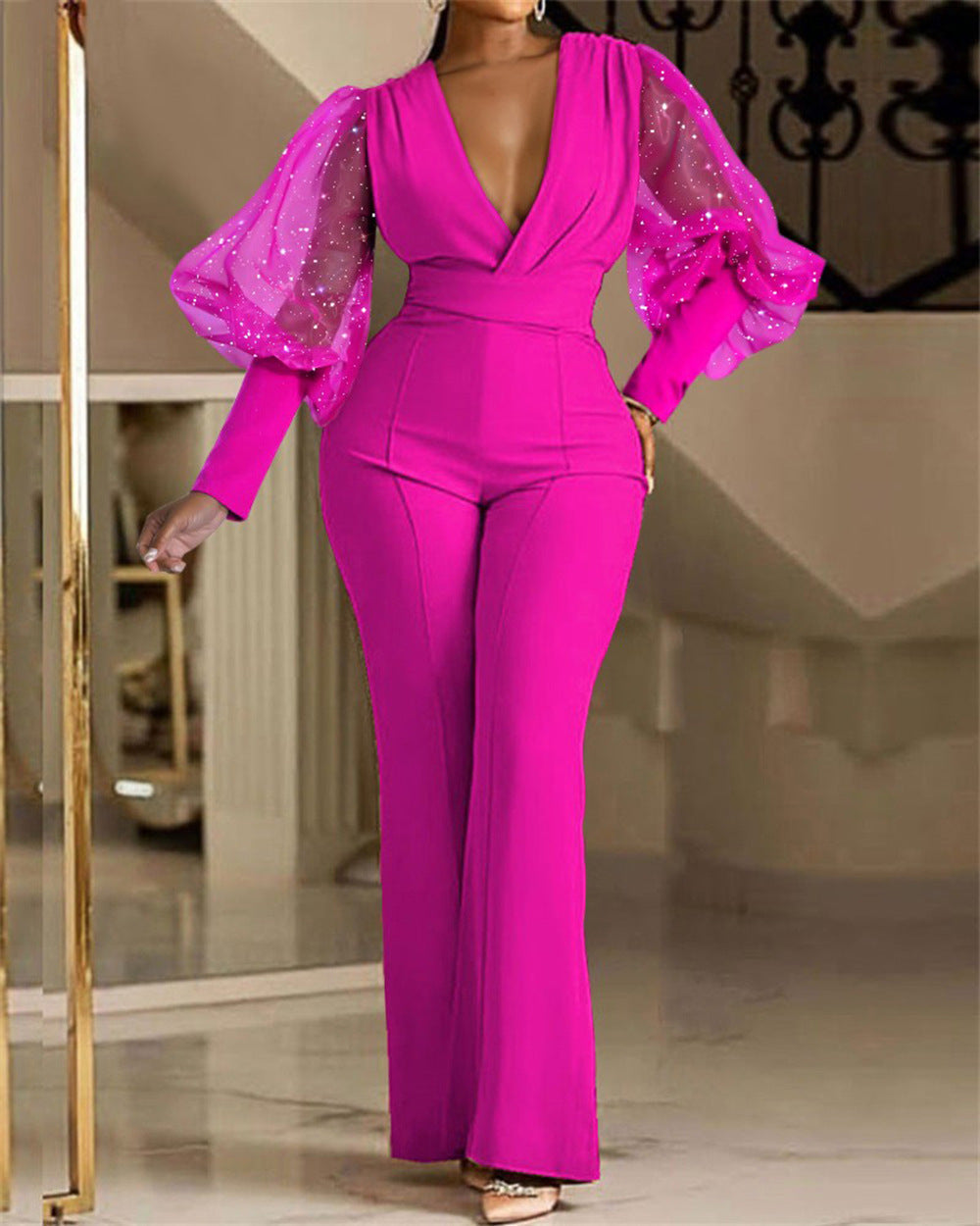 Mesh Patchwork Long Sleeved Slim Fit Wide Leg Jumpsuit