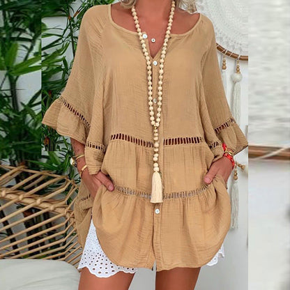 V-Neck Loose Button Hollow Out Dress