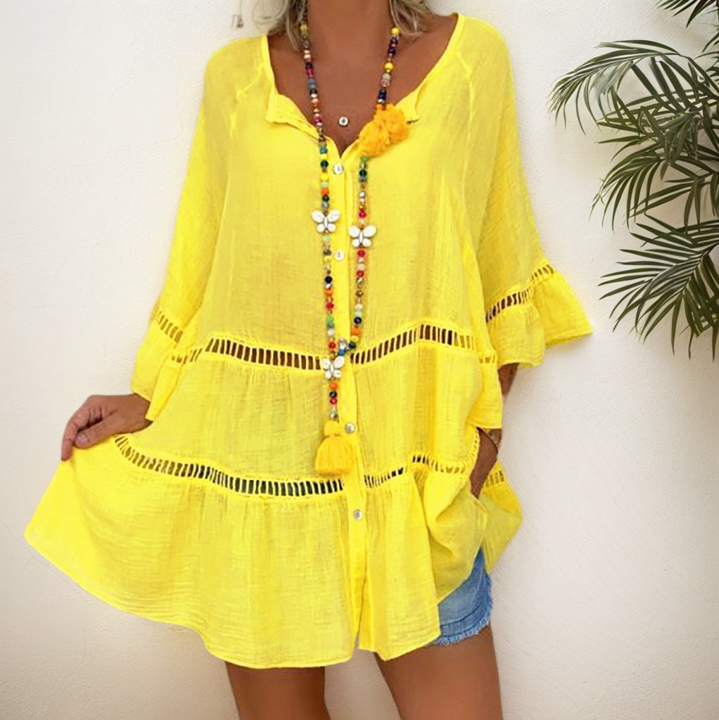 V-Neck Loose Button Hollow Out Dress