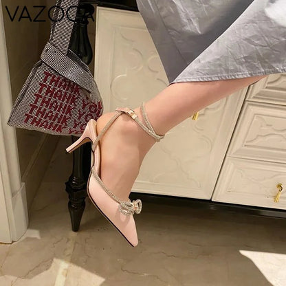 Rhinestone Bowknot Silk Pointed Toe High Heels