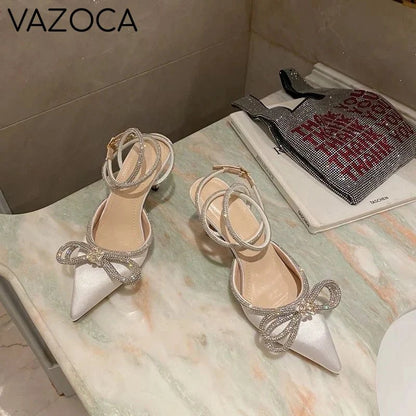 Rhinestone Bowknot Silk Pointed Toe High Heels