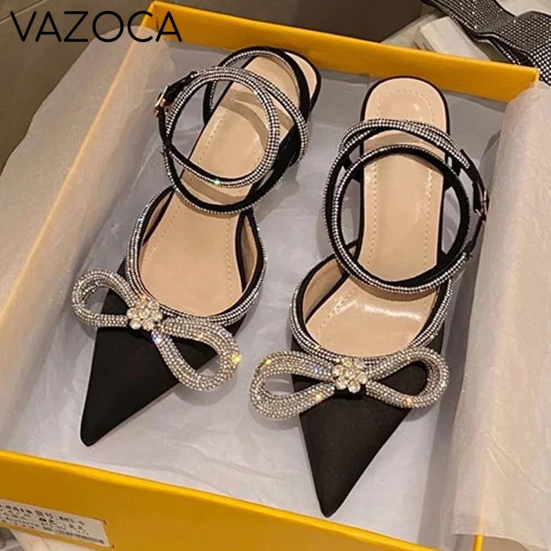 Rhinestone Bowknot Silk Pointed Toe High Heels