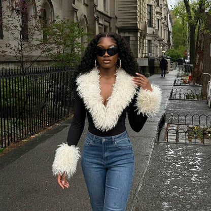 Faux Fur Trim Plunge Bodysuit