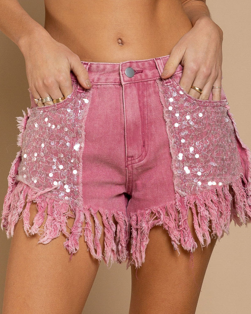 High-Waisted Sequined Fringed Shorts Women Pink