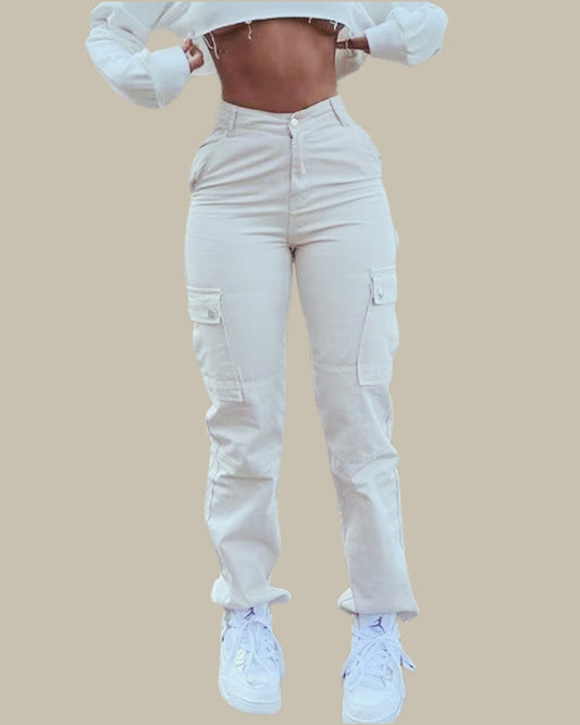 Hip High-Waisted Multi-Pocket Cargo Jeans Stretch Women’s Pants Beige