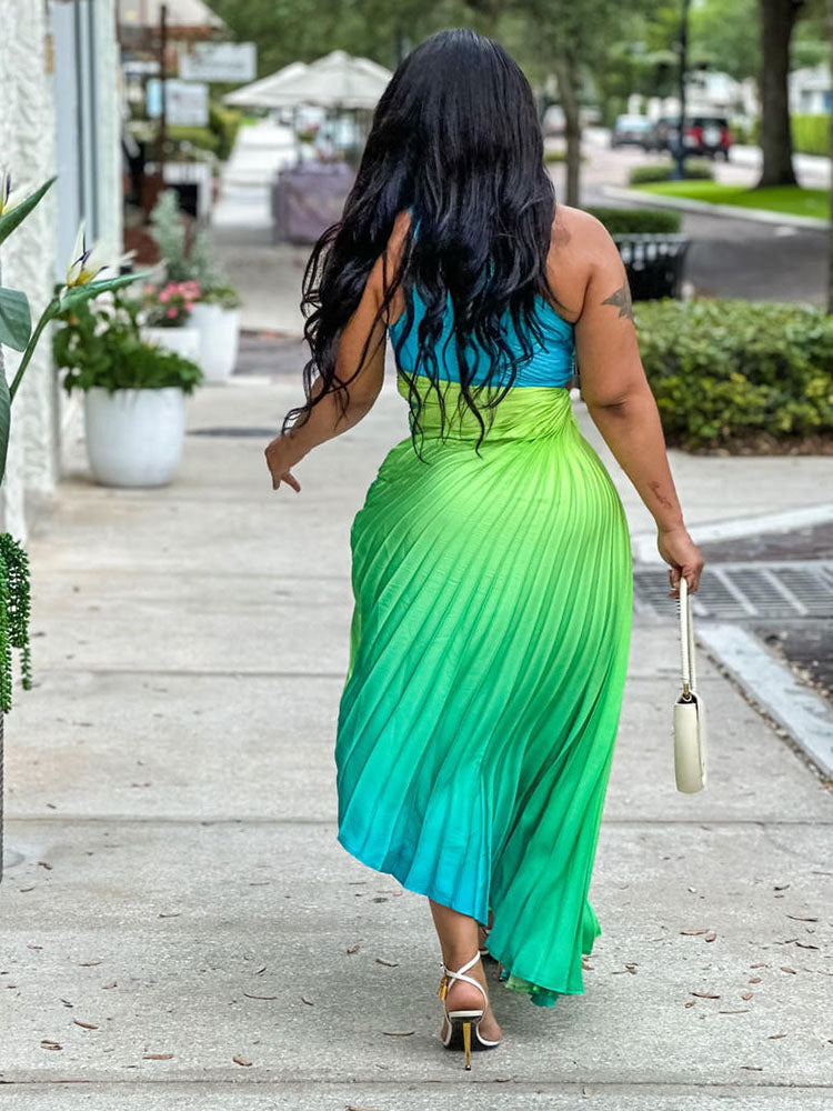 Gradient One Shoulder Pleated Dress