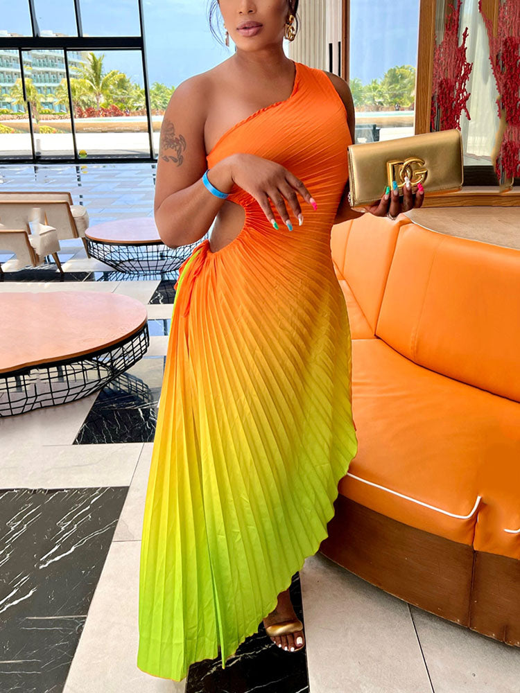 Gradient One Shoulder Pleated Dress