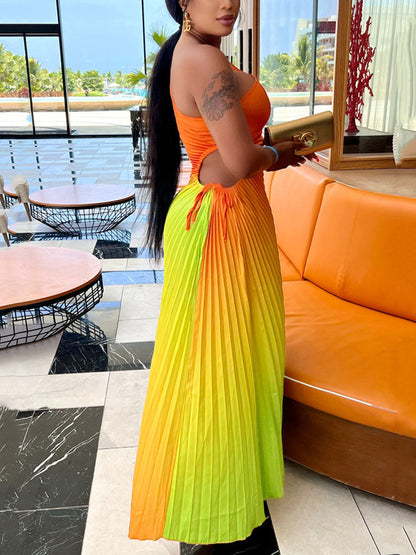 Gradient One Shoulder Pleated Dress