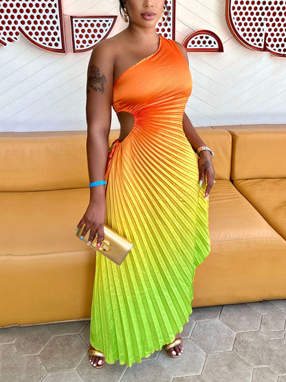 Gradient One Shoulder Pleated Dress