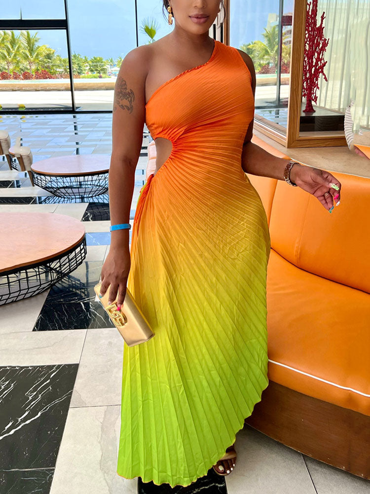 Gradient One Shoulder Pleated Dress