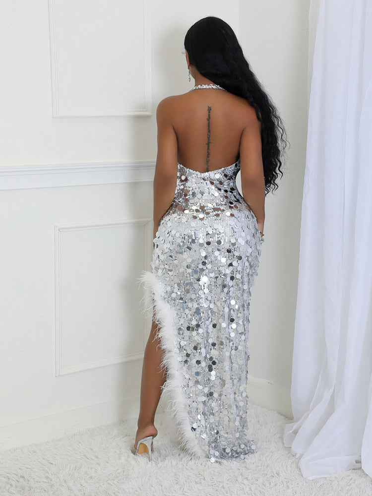 Sequin Fur Slit Dress