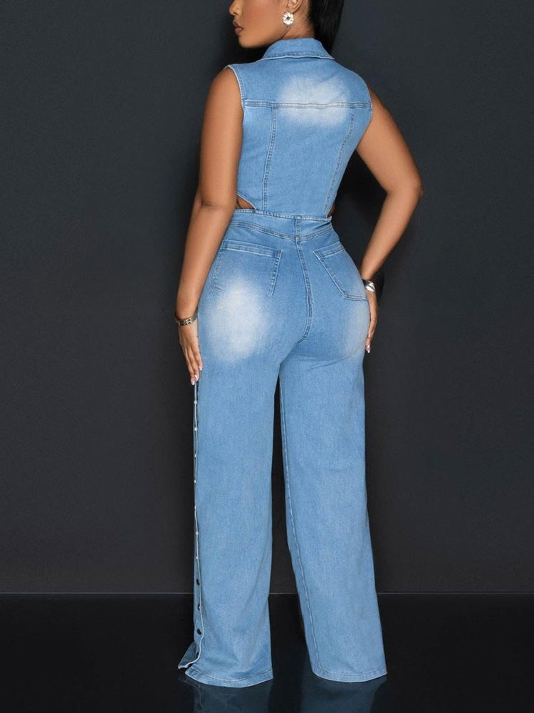 Snap Button Wide Denim Jumpsuit