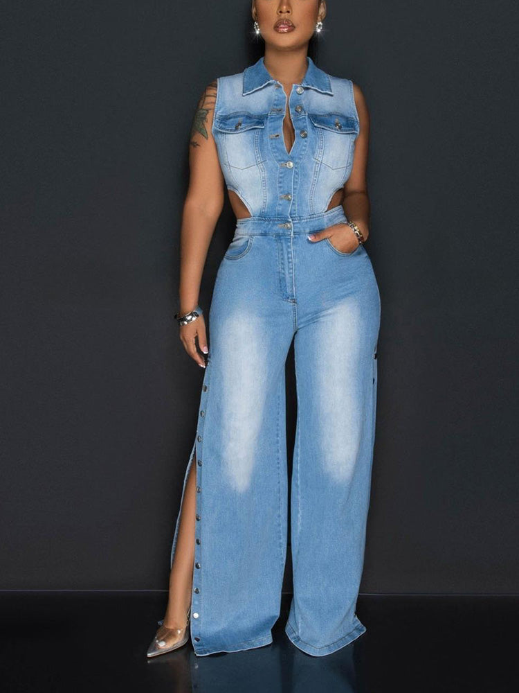 Snap Button Wide Denim Jumpsuit