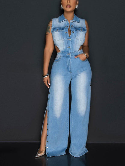 Snap Button Wide Denim Jumpsuit