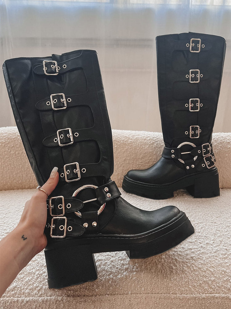 Buckle Leather Chunky Heel Biker Boots