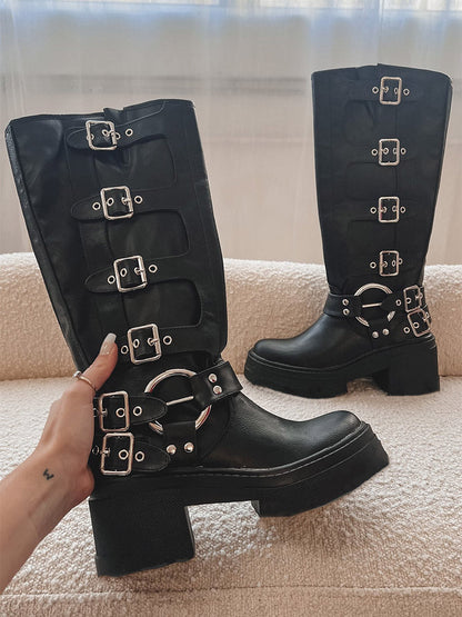 Buckle Leather Chunky Heel Biker Boots