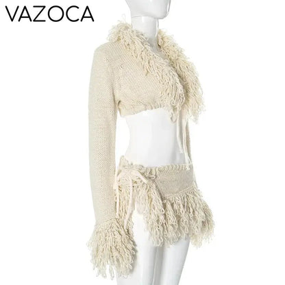 Josie Knit Tassel Cardigan Skirt Set