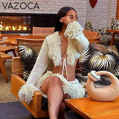Josie Knit Tassel Cardigan Skirt Set