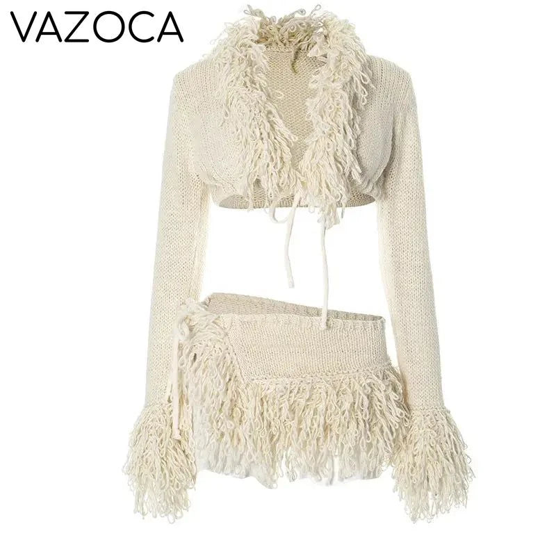Josie Knit Tassel Cardigan Skirt Set