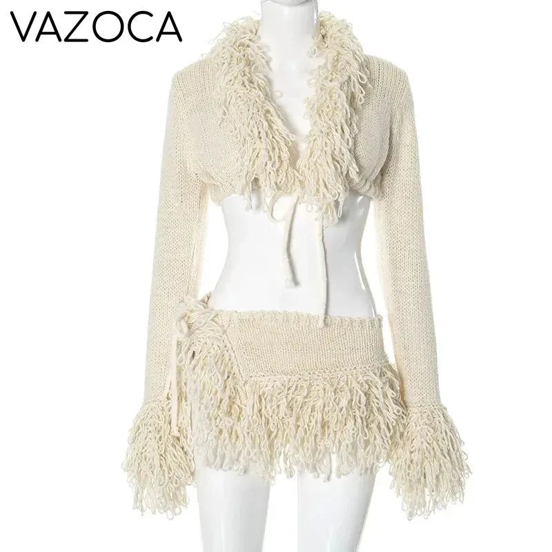Josie Knit Tassel Cardigan Skirt Set