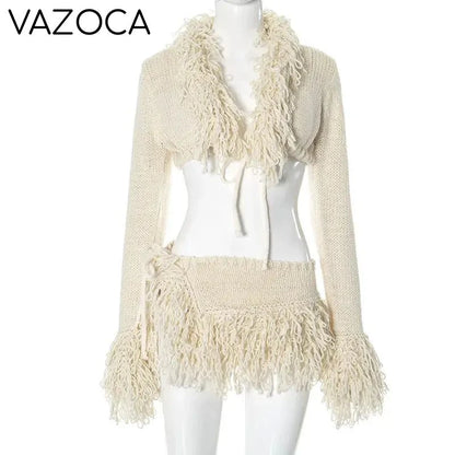 Josie Knit Tassel Cardigan Skirt Set