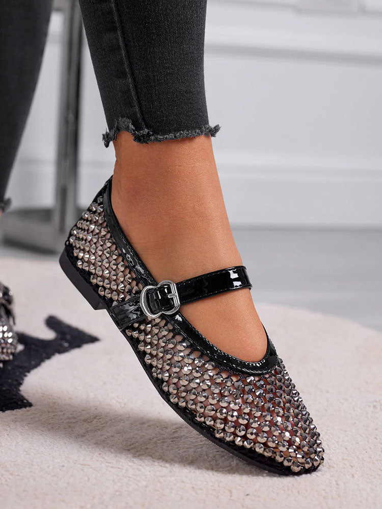 Rhinestone Leather Ballet Flats