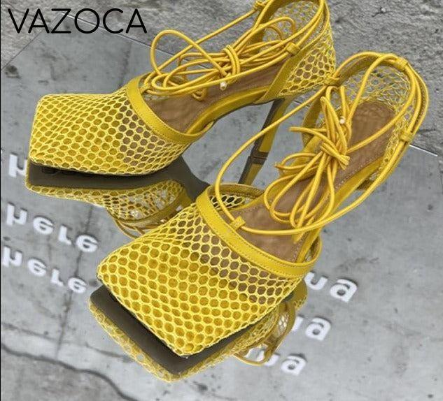 Lace Up Mesh High Heels