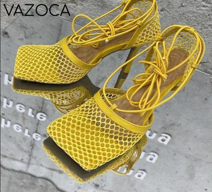 Lace Up Mesh High Heels