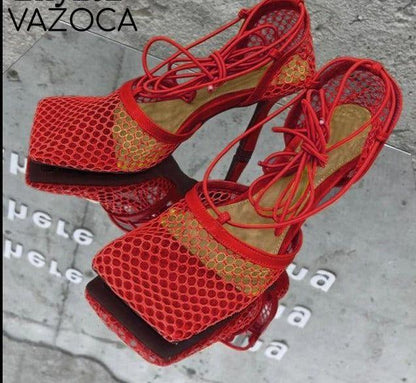 Lace Up Mesh High Heels