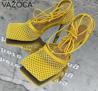 Lace Up Mesh High Heels