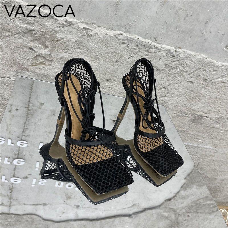 Lace Up Mesh High Heels