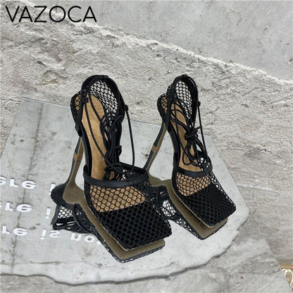 Lace Up Mesh High Heels