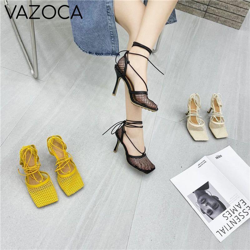 Lace Up Mesh High Heels