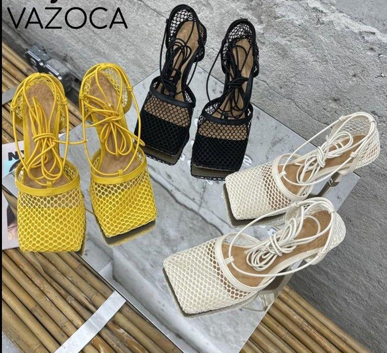 Lace Up Mesh High Heels