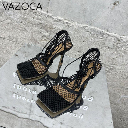 Lace Up Mesh High Heels
