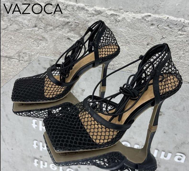 Lace Up Mesh High Heels