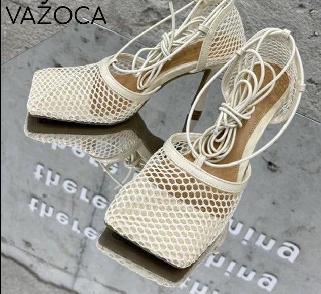 Lace Up Mesh High Heels