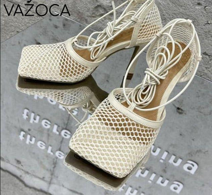 Lace Up Mesh High Heels