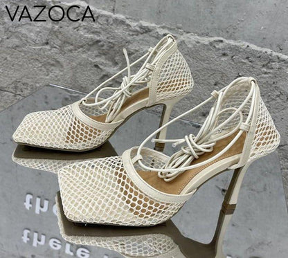 Lace Up Mesh High Heels