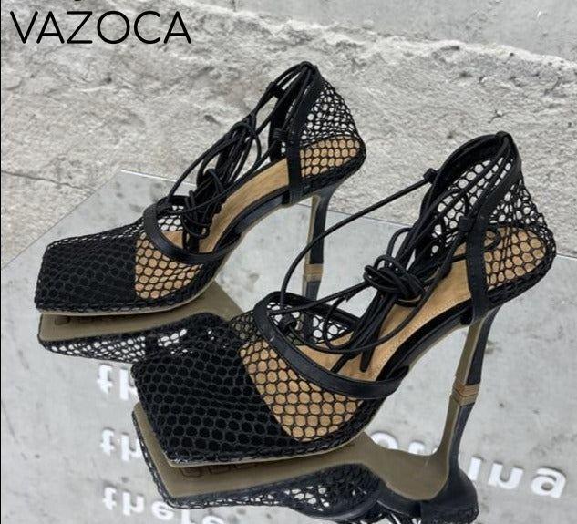 Lace Up Mesh High Heels