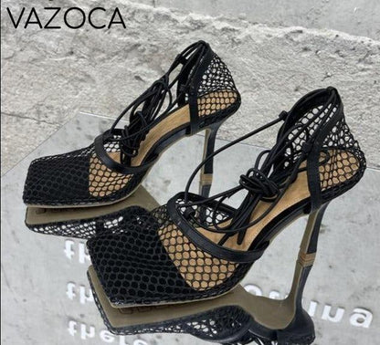 Lace Up Mesh High Heels