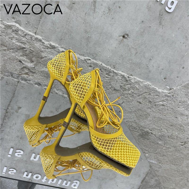 Lace Up Mesh High Heels
