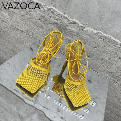 Lace Up Mesh High Heels