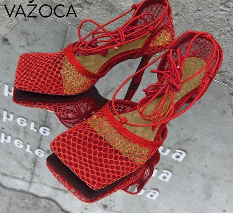 Lace Up Mesh High Heels