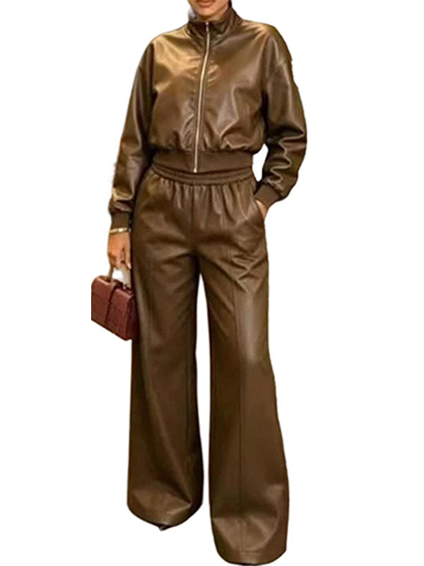 Faux Leather Cropped Top & Wide Leg Pants Set