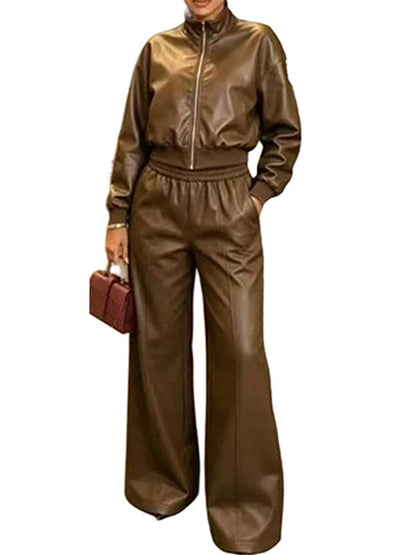 Faux Leather Cropped Top & Wide Leg Pants Set