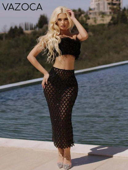 Leana Feather Bandage Skirt Set