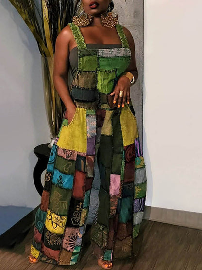 Casual Patchwork Loose Overalls
